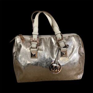 Michael Kors Metallic Rose Gold Monogrammed Satchel Handbag With MK